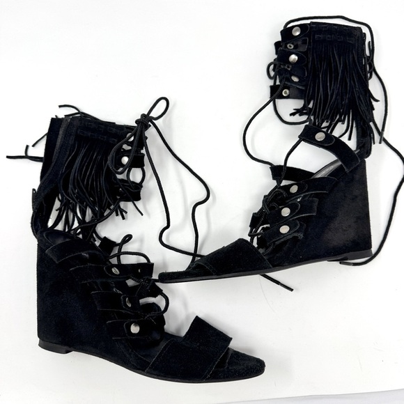 Free People Solstice Suede Fringe Wedge Sandals Black - Picture 7 of 16